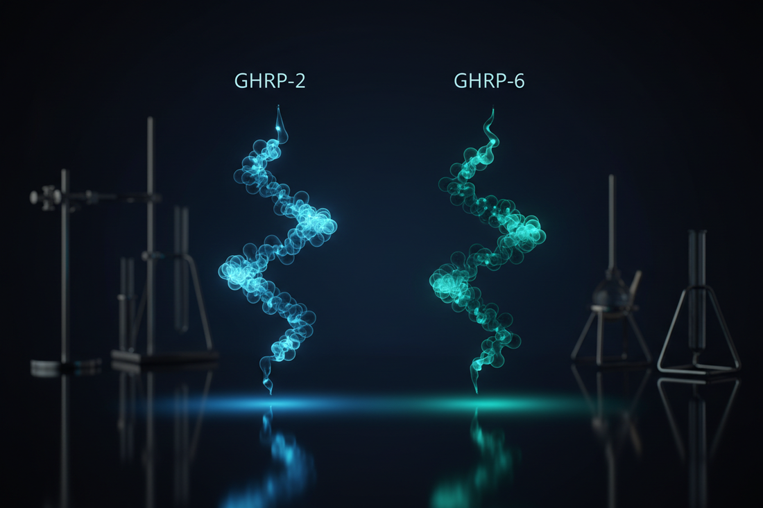 Jämförelse av peptiderna GHRP-2 och GHRP-6 – molekylära strukturer mot mörk vetenskaplig bakgrund