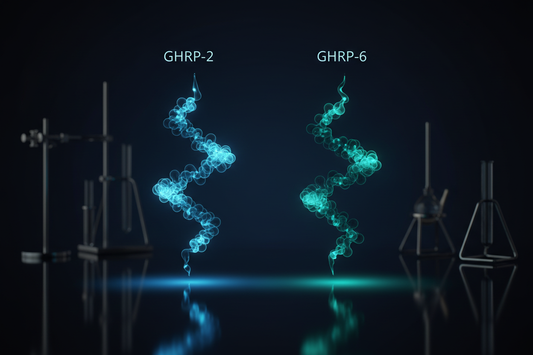 Jämförelse av peptiderna GHRP-2 och GHRP-6 – molekylära strukturer mot mörk vetenskaplig bakgrund