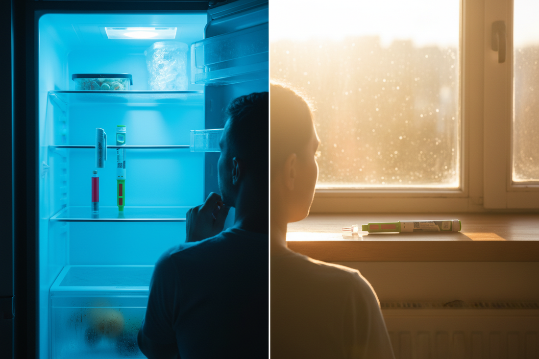 Person som jämför förvara peptider rätt – kylskåp till vänster och varmt skåp till höger