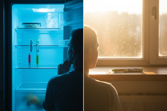Person som jämför förvara peptider rätt – kylskåp till vänster och varmt skåp till höger